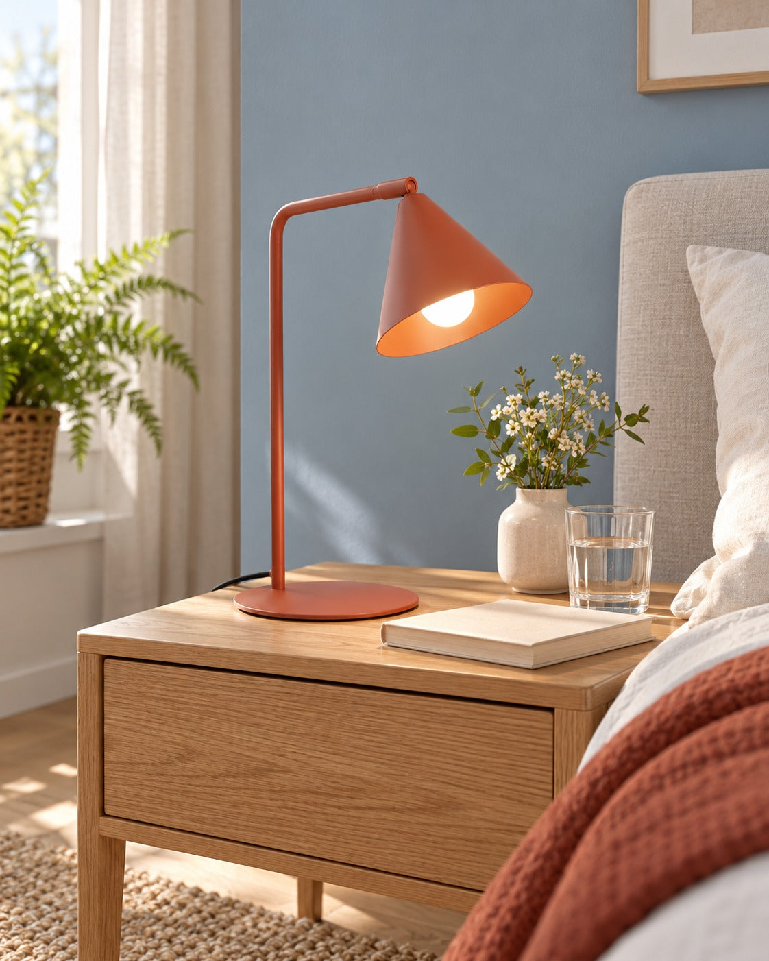 Lampe Nox ocre rouge sur une table de chevet dans une chambre
