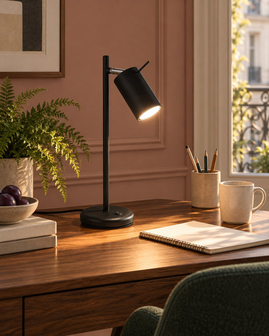 Lampe Ring noire sur un bureau en noyer dans un bureau