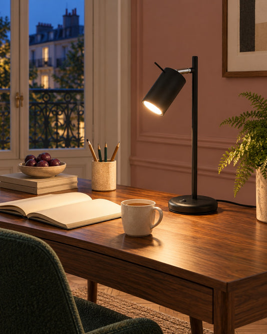 Lampe Ring noire allumée le soir sur une table de travail dans un bureau