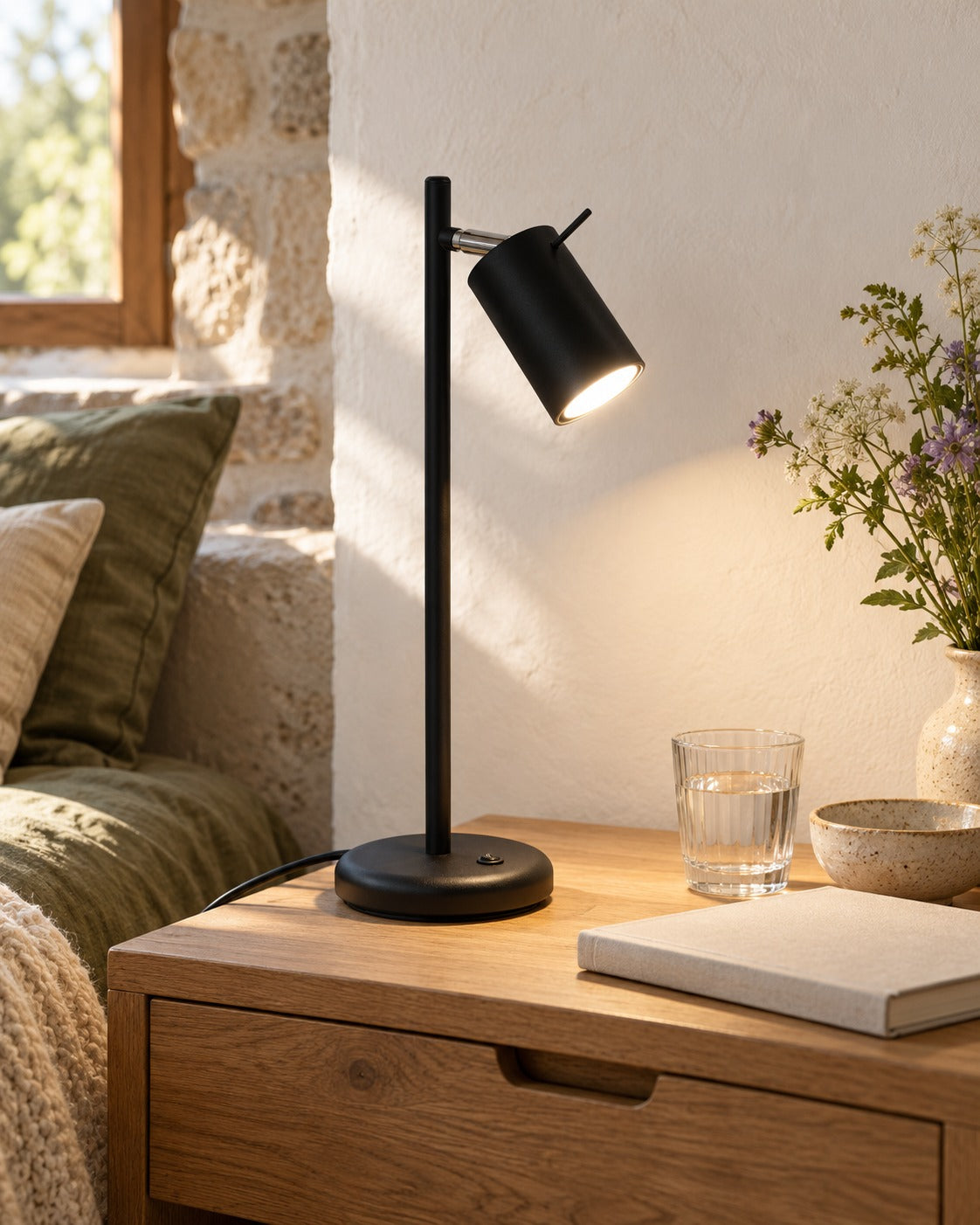Lampe Ring noire sur une table de chevet dans une chambre