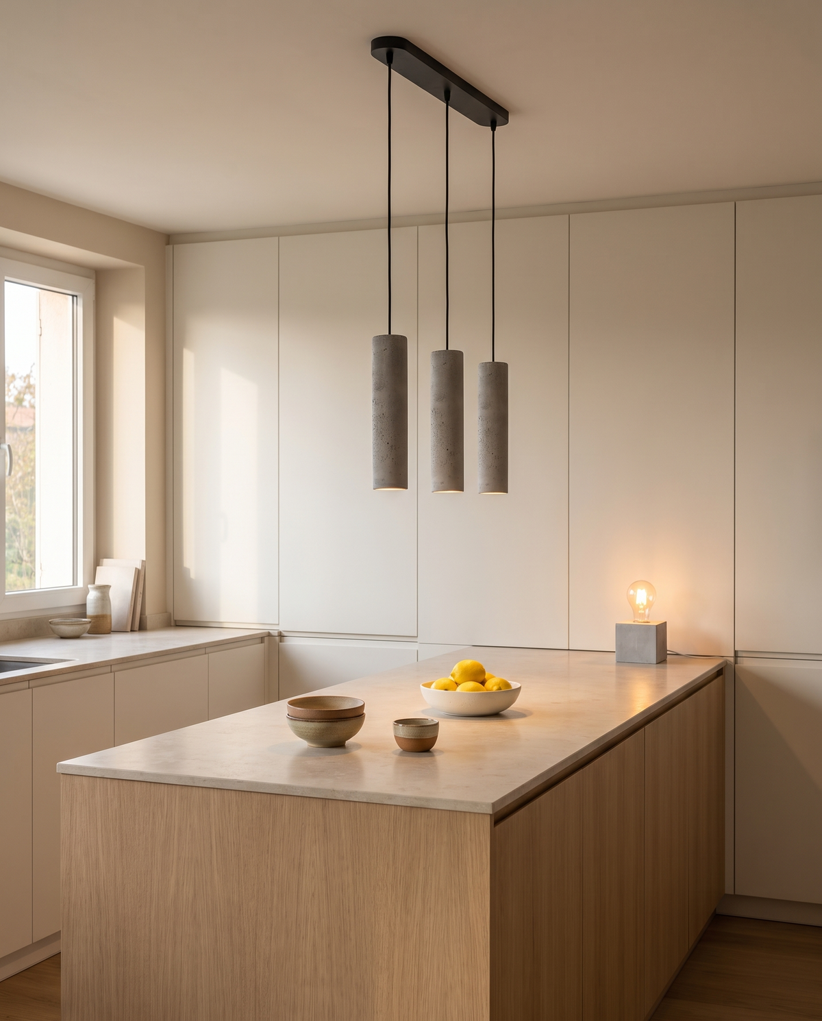 Look cuisine Lyovo : suspension Luvo 3 sources et lampe Ariz en béton