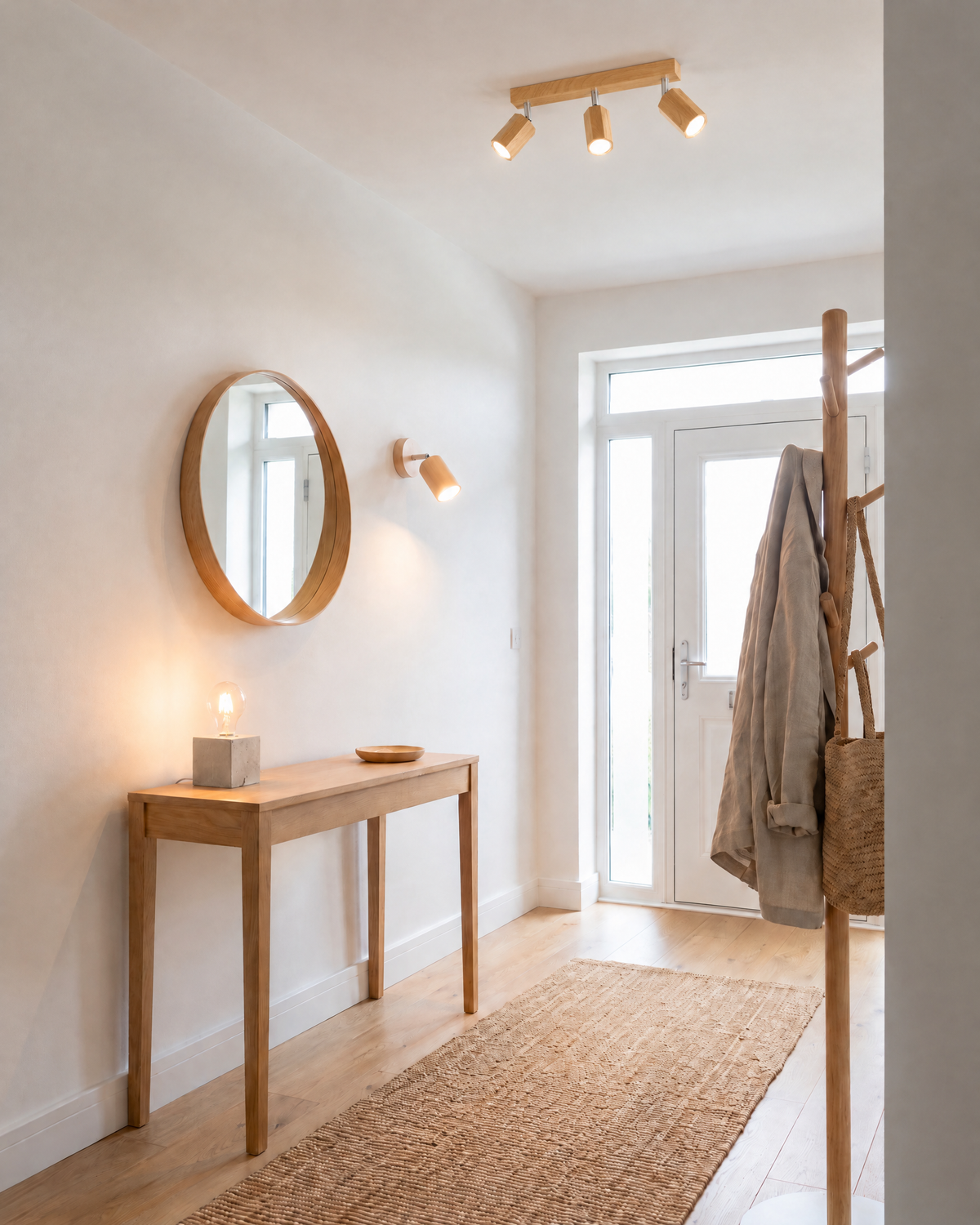 Look entrée Lyovo : plafonnier Zeke 3 spots en chêne, applique Berg en bois et lampe Ariz en béton