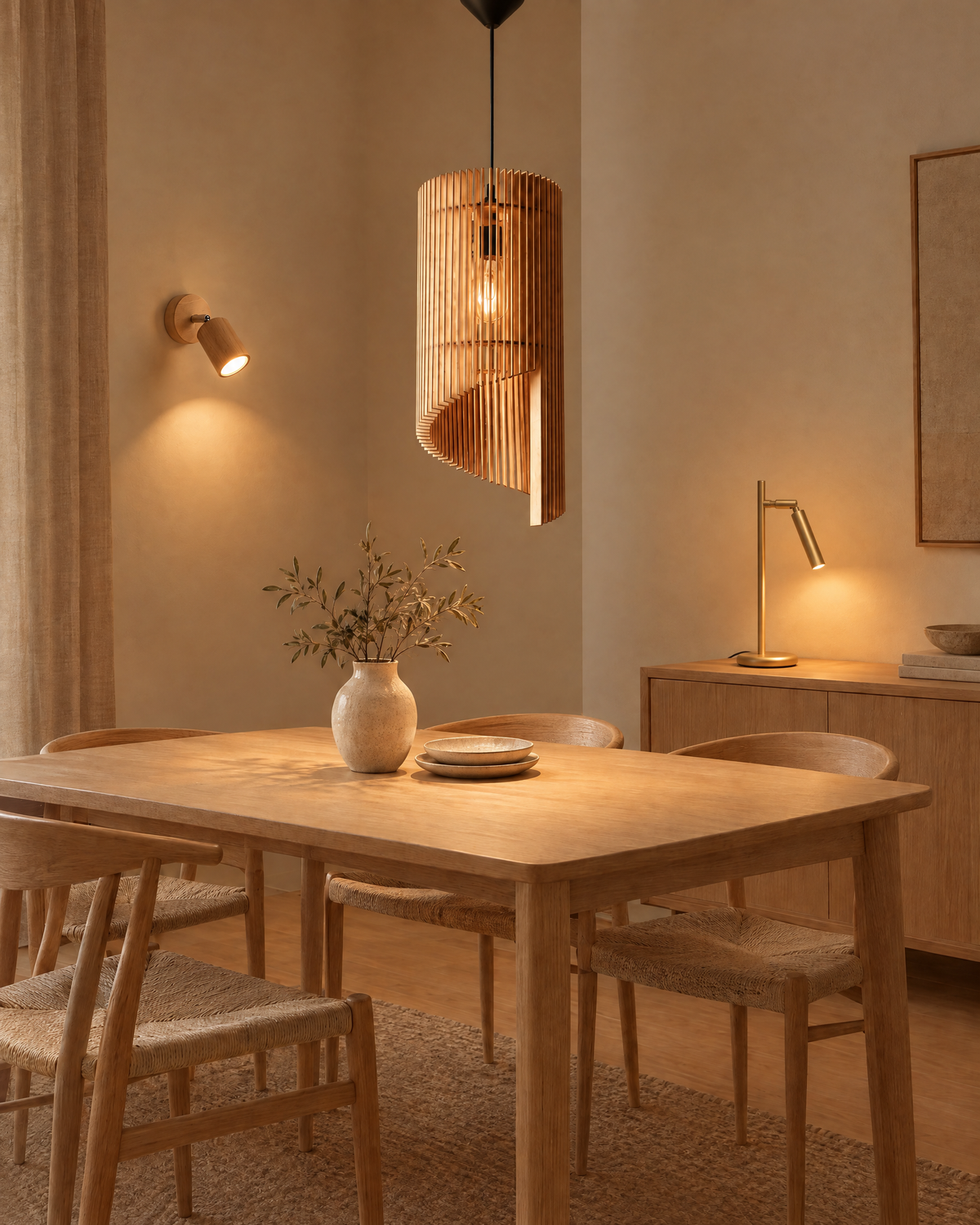 Look salle à manger bois : suspension Alexia, applique Berg et lampe Pastelo dorée allumées