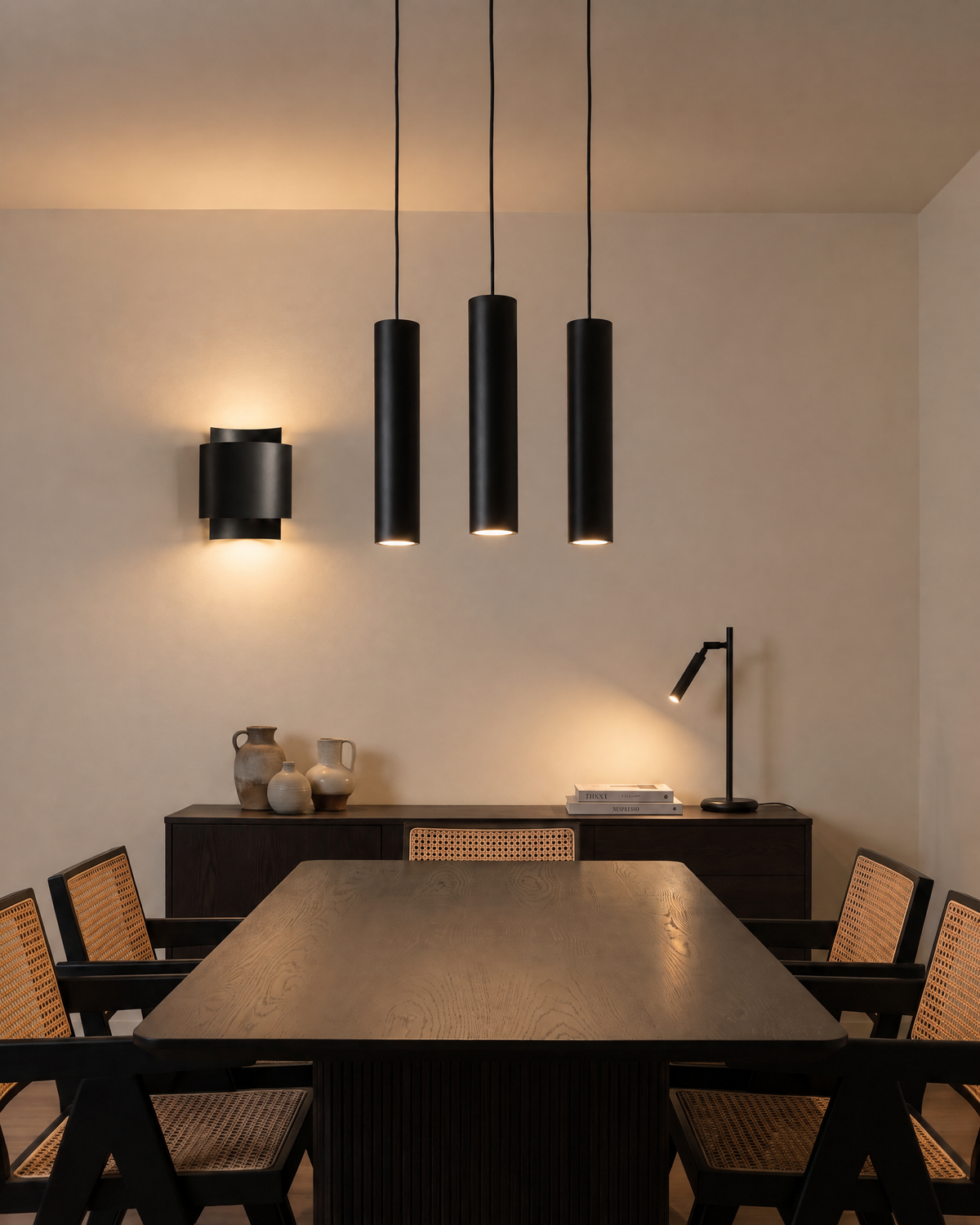 Look salle à manger Lyovo : suspension Lagos noire, applique Impact noire et lampe Pastelo noire
