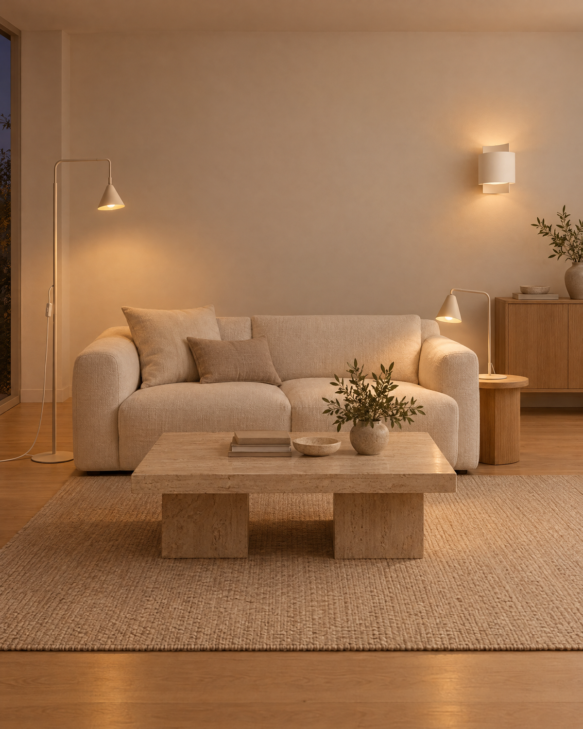 Look salon beige : lampadaire Nox, lampe de table Nox beiges et applique Impact blanche allumés