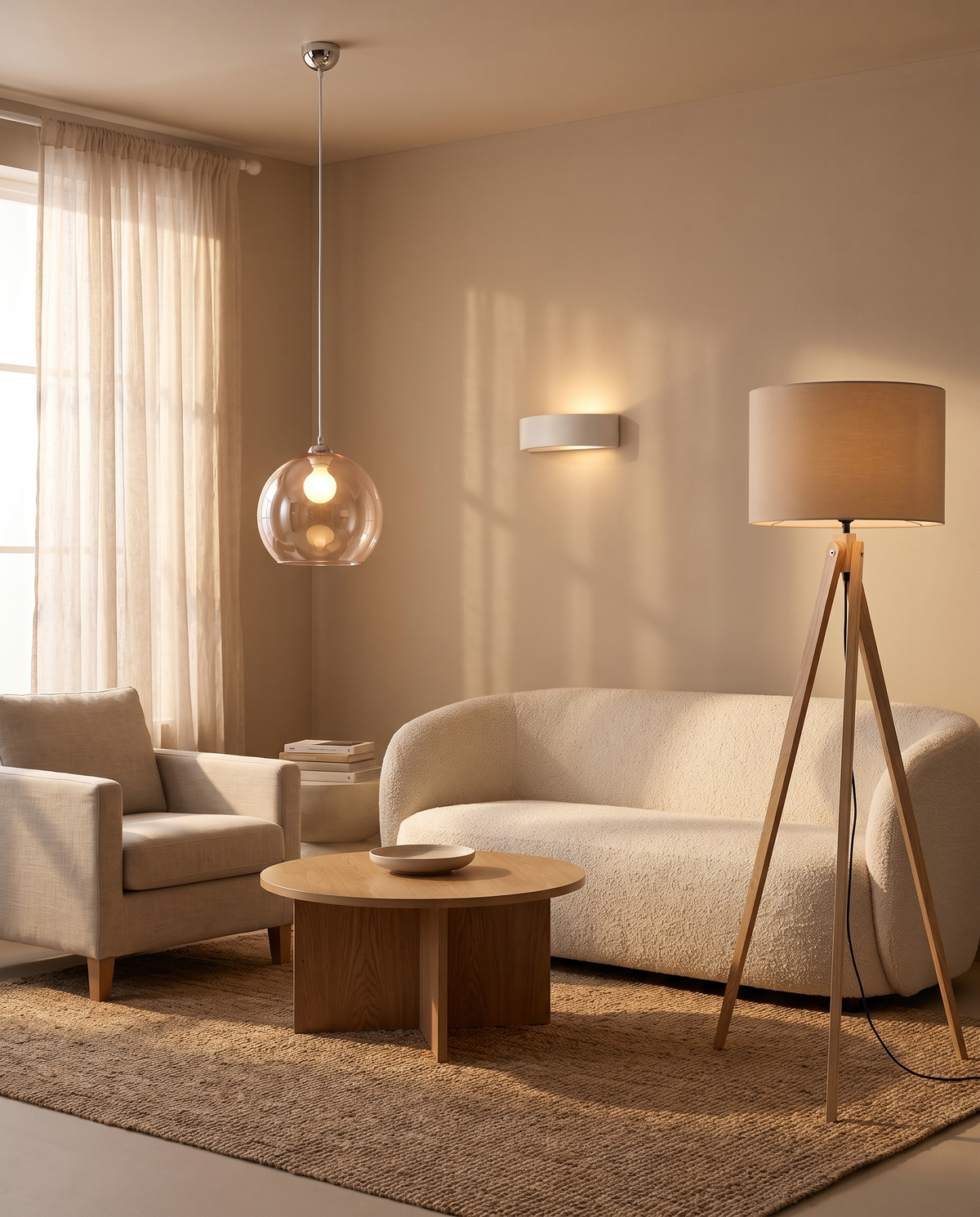 Look salon Lyovo : suspension Ball champagne, lampadaire Natt beige et applique Atena