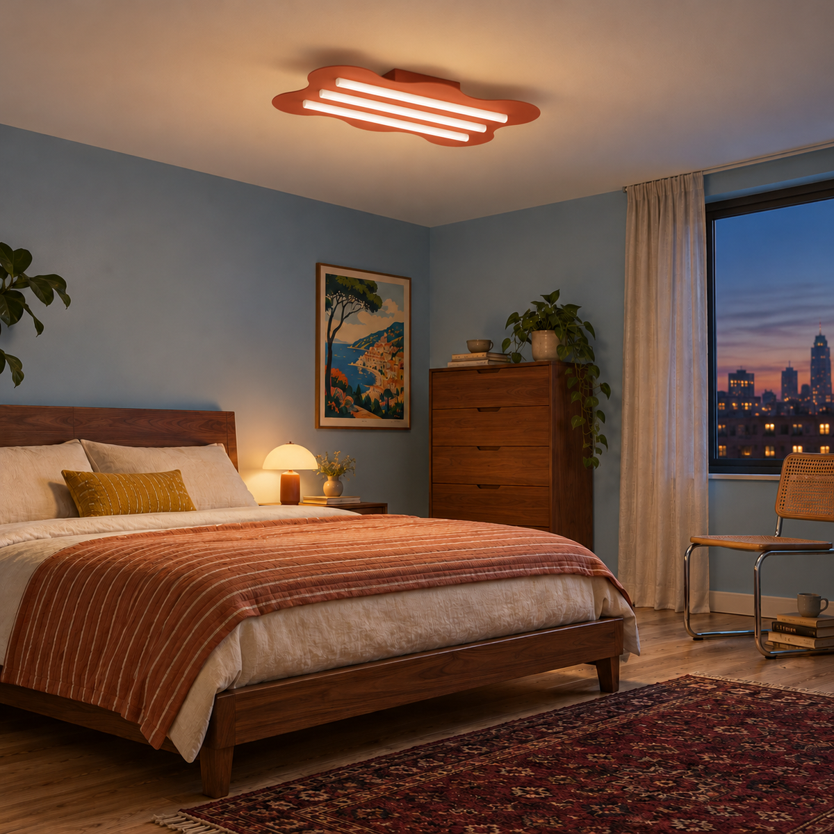 Plafonnier Klover ocre rouge allumé dans une chambre le soir