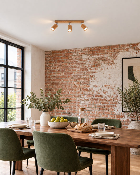 Plafonnier Zeke 3 spots en chêne au-dessus de la table dans une salle à manger