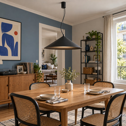 Suspension Fint noire Ø 50 cm au-dessus d'une table de salle à manger