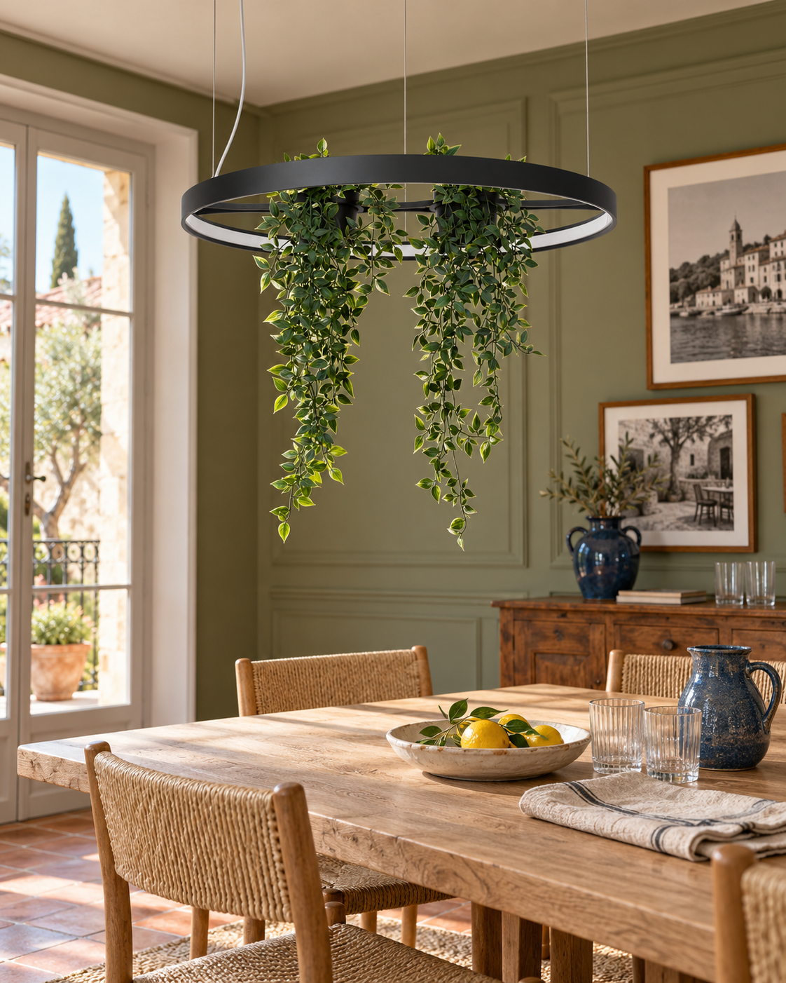Suspension Rio Bio noire Ø 78 cm avec plantes au-dessus d'une table de salle à manger