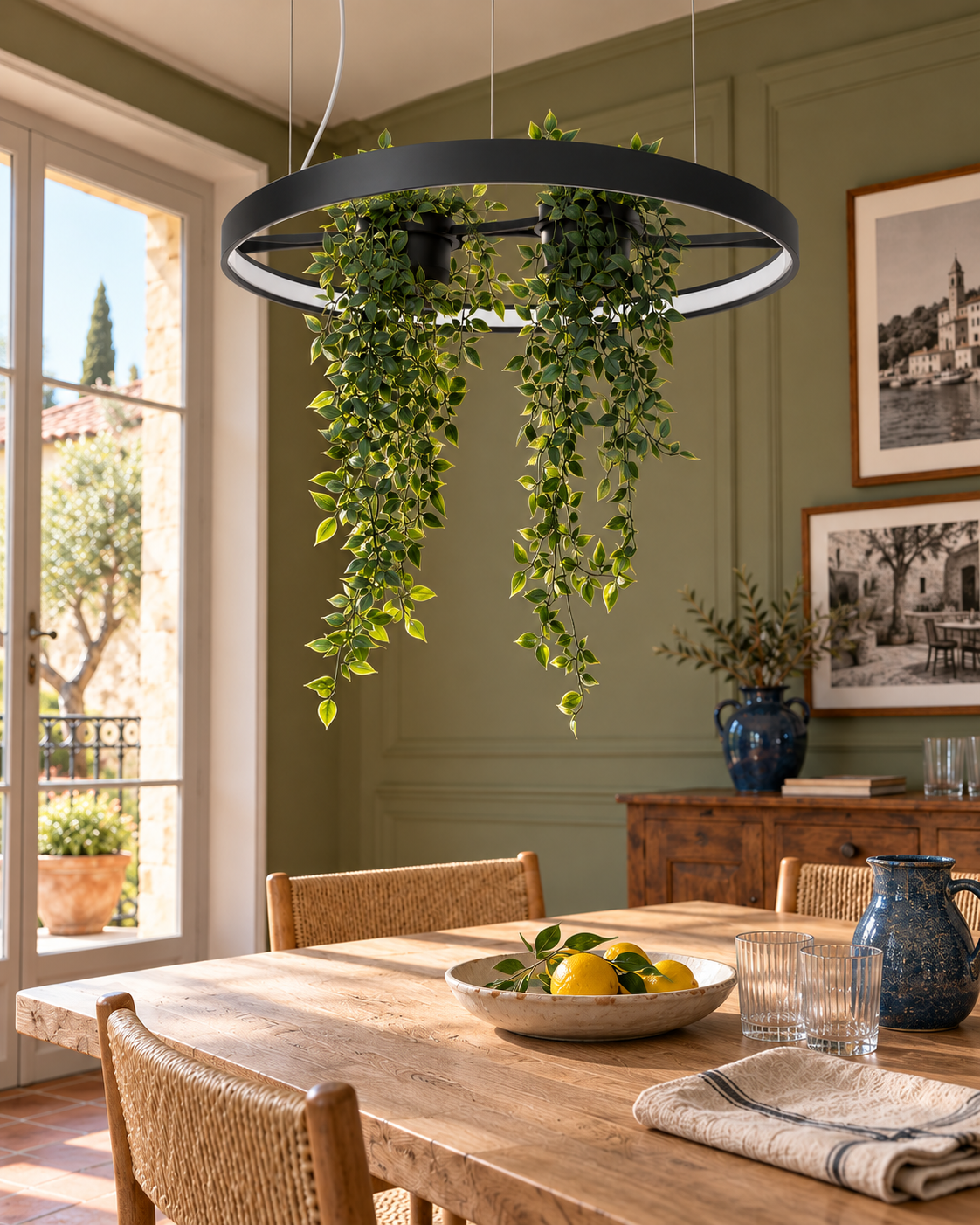 Suspension Rio Bio avec plantes au-dessus d'une table, vue rapprochée