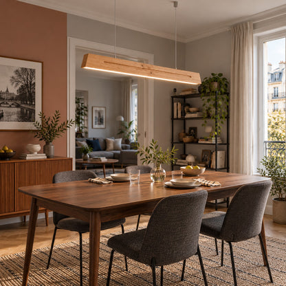 Suspension Skog en chêne au-dessus d'une table de salle à manger en noyer